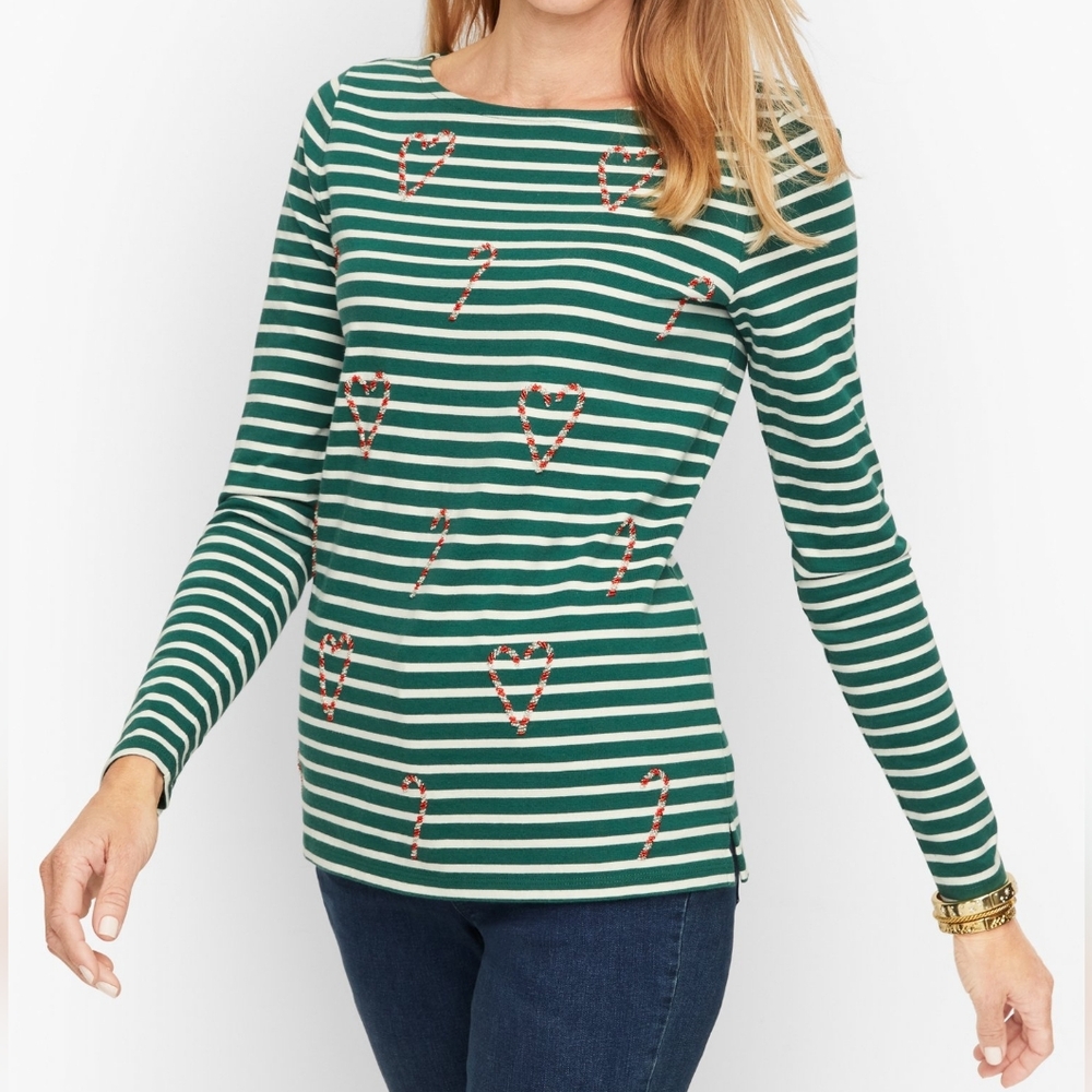 Talbots Green Red White Candy Cane Stripe Bateau Neck Long Sleeve Tee Medium
